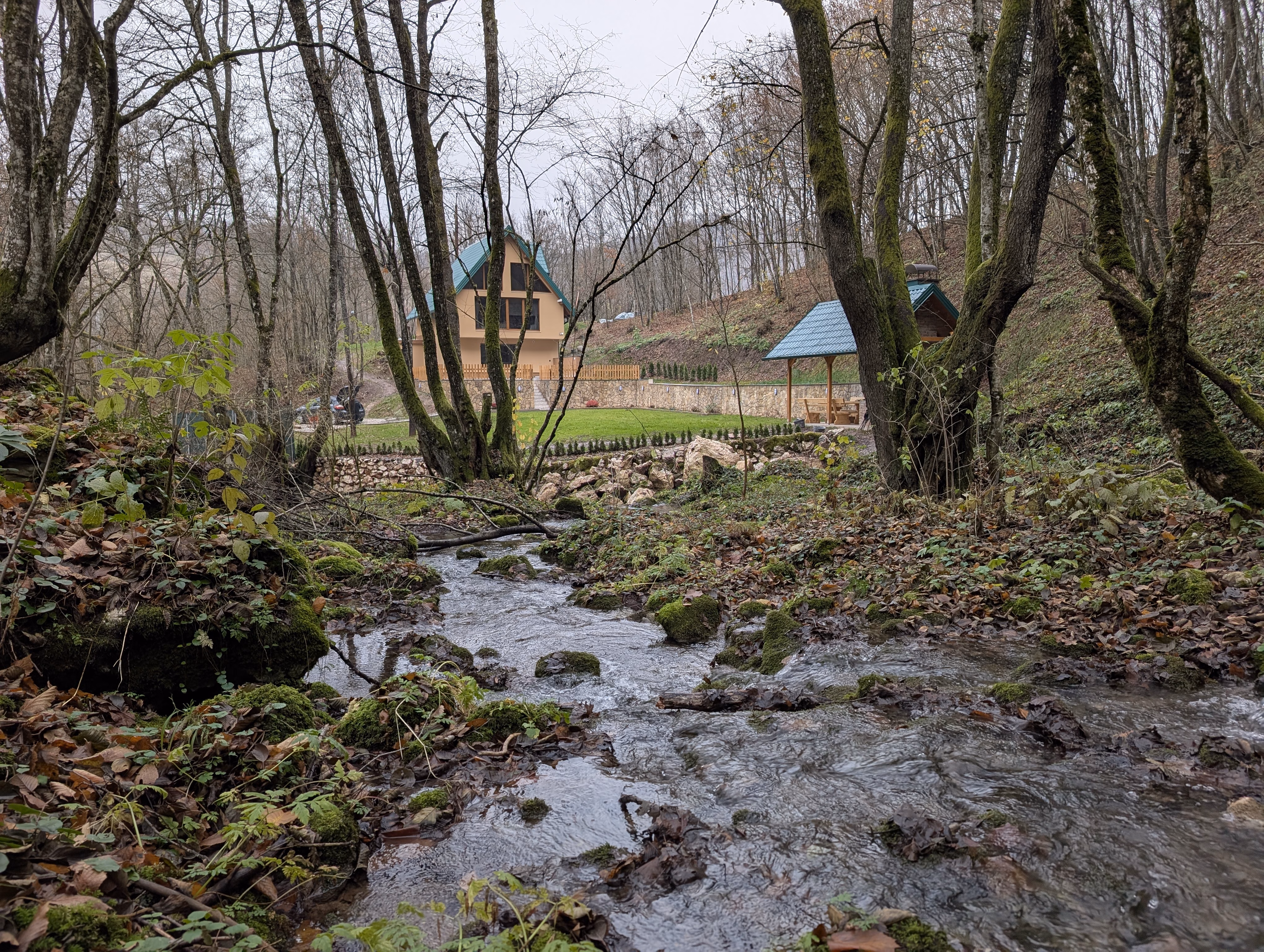 Pogled na vilu kroz šumu s potokom u prvom planu